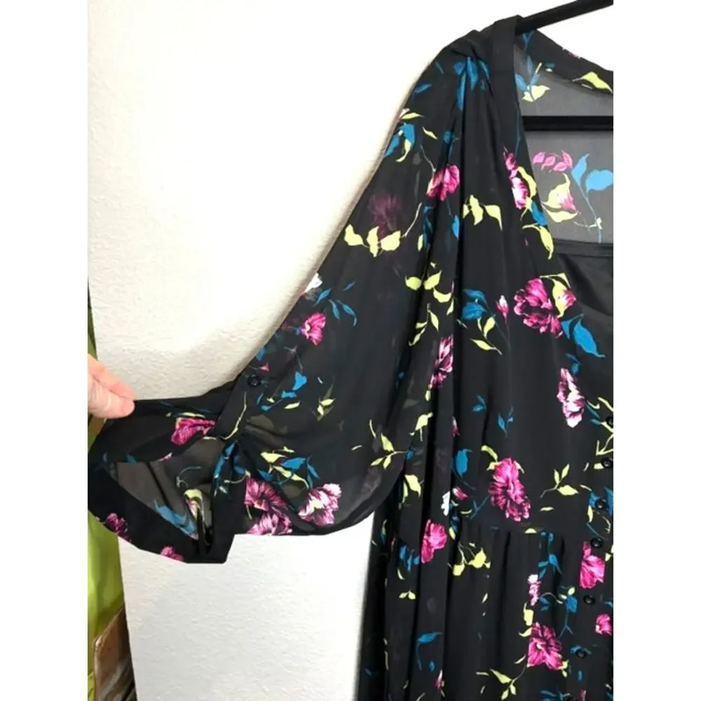 Torrid Black Floral Midi Dress Sz 4 (4XL) Tiered Chiffon Boho Flutter Sleeve - Picture 4 of 12